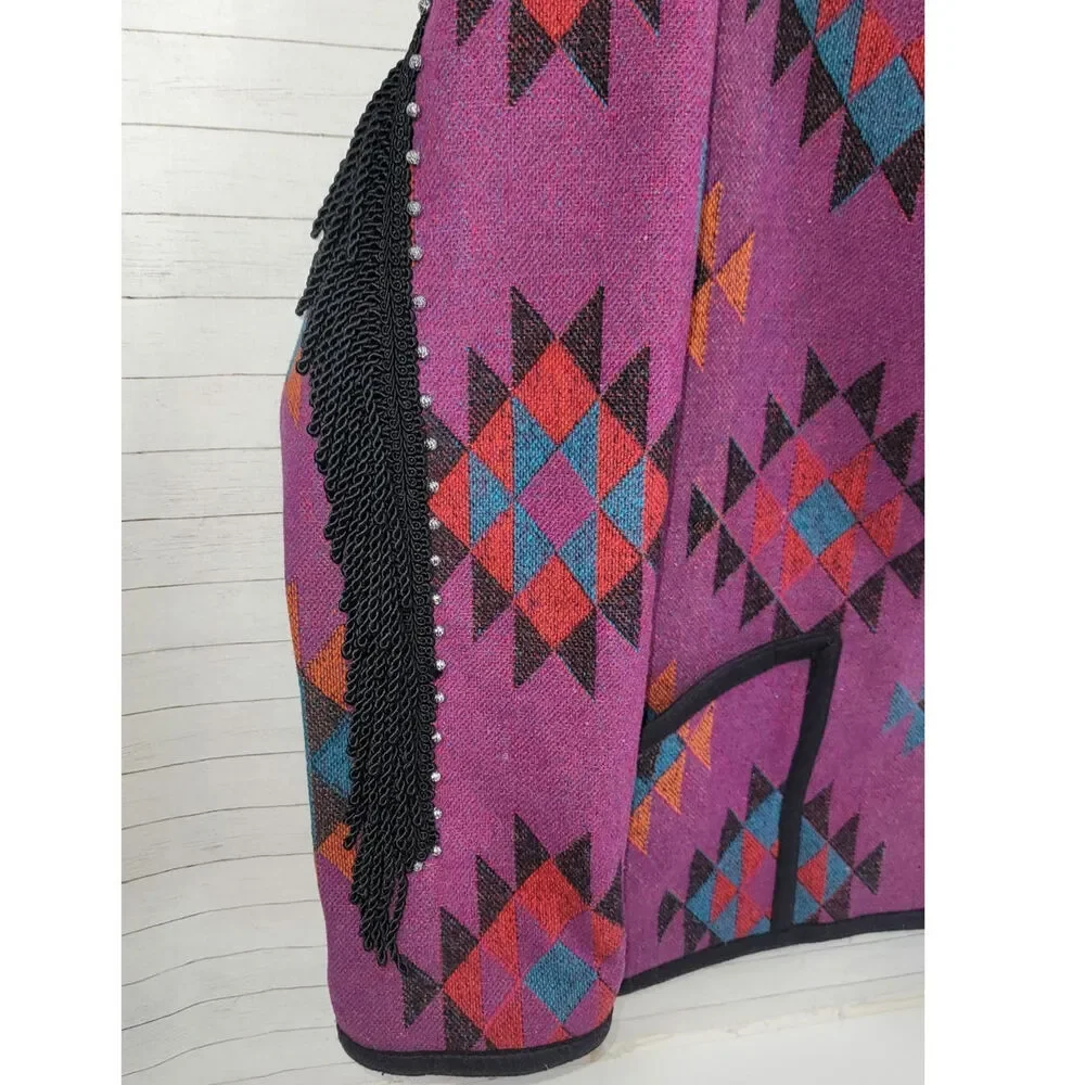 VINTAGE WOOL BLEND AZTEC PRINT BUTTON UP JACKET W FRINGE DETAIL, SZ LARGE